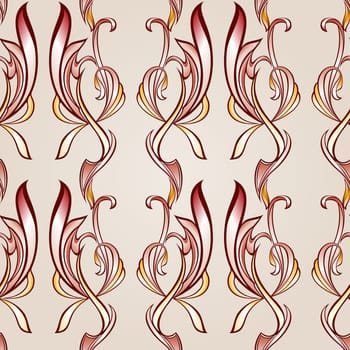 Seamless floral pattern in burgundy, pink and yellow shades on rose pink background