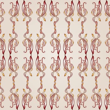 Seamless pattern with woven floral elements  in burgundy, pink and yellow shades on pastel rose pink background