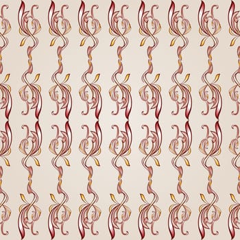 Seamless pattern with ornate floral elements in burgundy, pink and yellow shades on pastel rose pink background