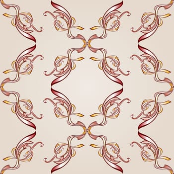 Seamless pattern with florid cross elements in burgundy, pink and yellow shades on pastel rose pink background