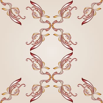 Seamless pattern with floral cross elements in burgundy, pink and yellow shades on pastel rose pink background