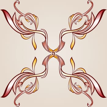 Ornate cross style floral pattern in burgundy, pink and yellow shades on pastel rose pink background