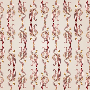 Seamless floral pattern in burgundy, pink and yellow shades on pastel rose pink background