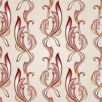 Seamless pattern with ornate florid elements in burgundy, pink and yellow shades on pastel rose pink background