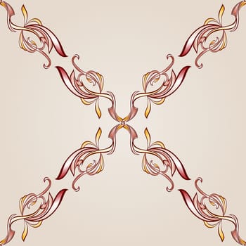 Seamless pattern of floral cross elements in burgundy, pink and yellow shades on pastel rose pink background