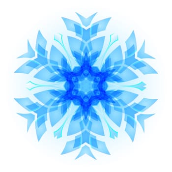 Patterned blue snowflake on the white background.