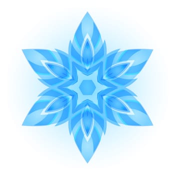 Light blue hexagonal snowflake, symmetry. White background.