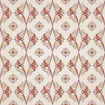 Floral vintage style seamless pattern in red, golden and rose pink shades