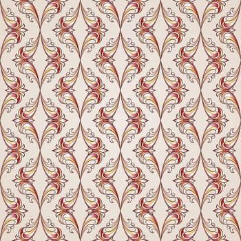 Floral seamless pattern in vintage style. Illustration in red, golden and rose pink shades