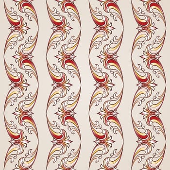 Seamless floral pattern in vintage style. Illustration in red, golden and rose pink shades