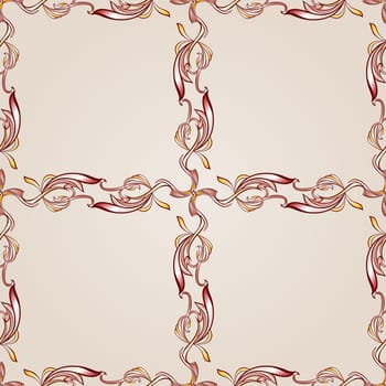 Seamless pattern with florid elements in burgundy, pink and yellow shades on pastel rose pink background