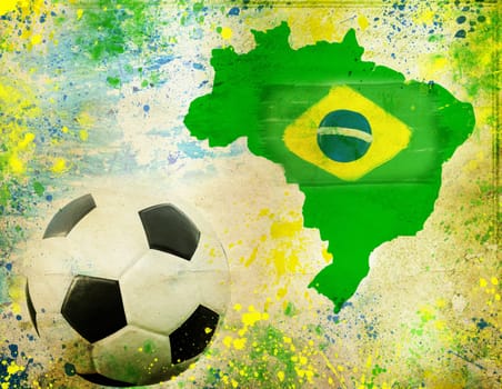 Vintage photo of soccer ball, Brazil map and the colors of the flag