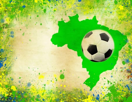 Vintage photo of soccer ball, Brazil map and the colors of the flag