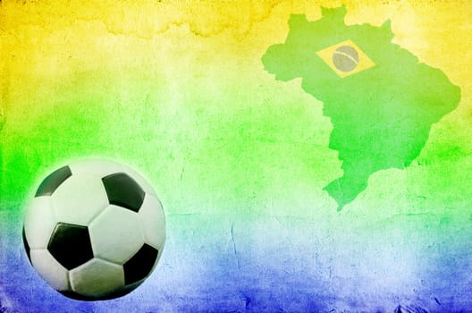 Vintage photo of soccer ball, Brazil map and the colors of the flag