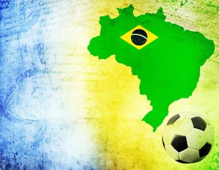 Vintage photo of soccer ball, Brazil map and the colors of the flag