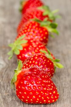 Ripe strawberries in a row on wooden background