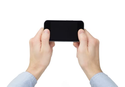 Hand holding mobile smart phone with blank screen