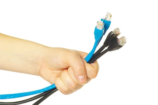 Computer cables in hand isolated on white background