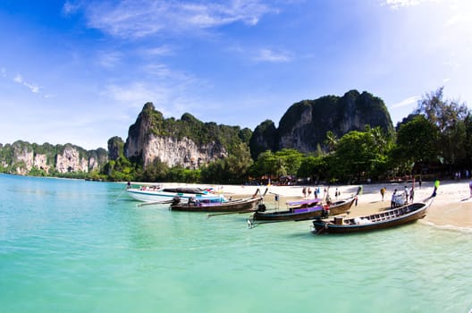 Tropical beach, longtail boats, Andaman Sea, Thailand