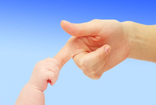 Baby hand holding mother finger isolated on white