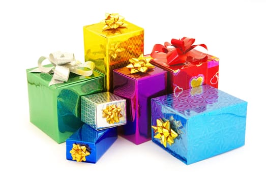 Christmas box gifts with satin bow isolated on white background