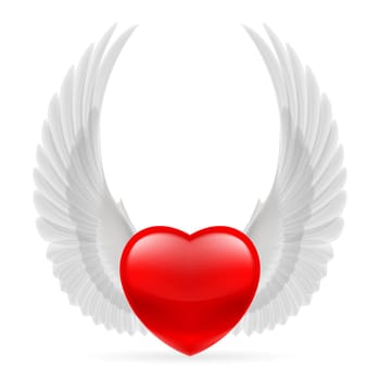 Red heart with white dove wings up.