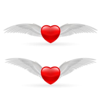 Two red hearts with white dove wings.