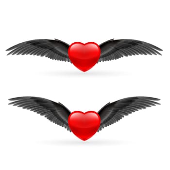 Two red hearts with black crow wings.
