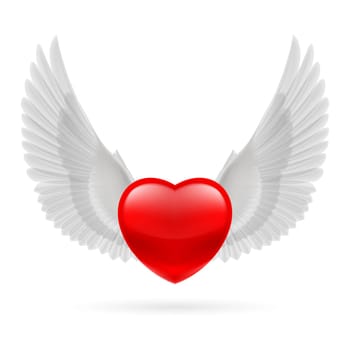 Red heart with white raised dove wings.