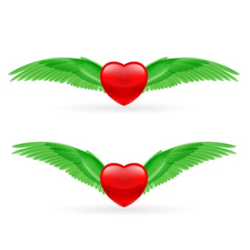 Two red hearts with bright green wings.