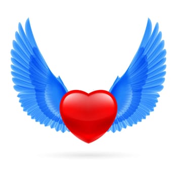 Red heart with raised bright blue wings.