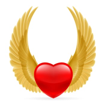 Red heart with golden yellow wings up.