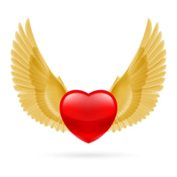 Red heart with raised golden yellow wings.