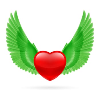 Red heart with raised bright green wings.