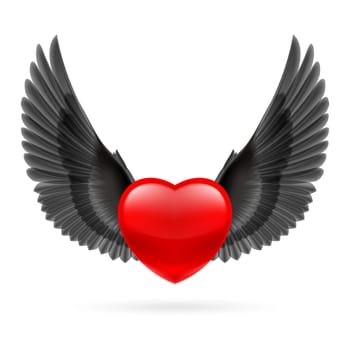 Red heart with black raised crow wings.
