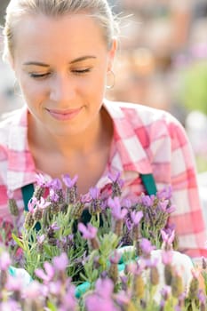 Garden center woman worker with purple potted plant