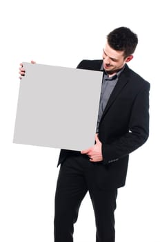 Smart Businessman holding up blank sign, isolated on white