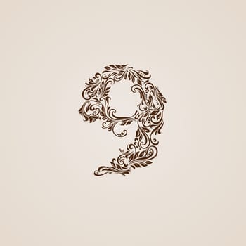 Richly decorated nine digit on beige background.