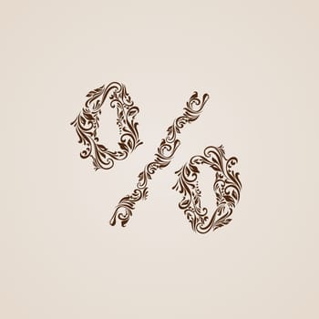 Richly decorated brown percent sign with twirls.