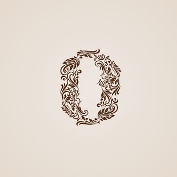 Richly decorated zero digit on beige background.