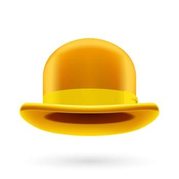 Yellow round traditional hat with hatband on white background.