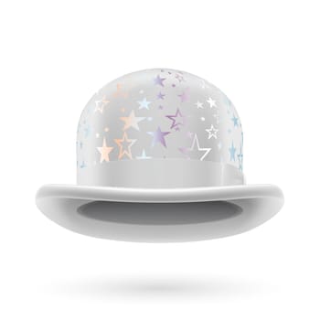 White round bowler hat with silver glistening stars.