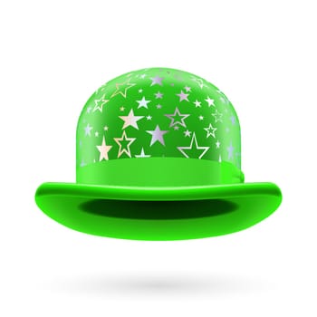 Green round bowler hat with silver glistening stars.