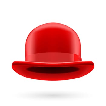 Red round traditional hat with hatband on white background.