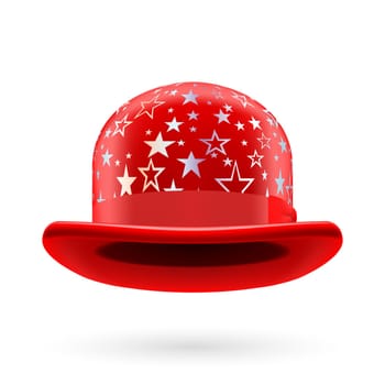 Red round bowler hat with silver glistening stars.