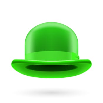 Green round traditional hat with hatband on white background.