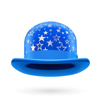 Blue round bowler hat with silver glistening stars.