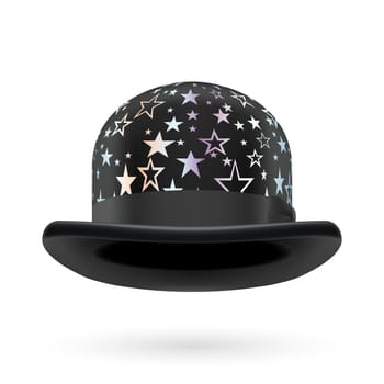 Black round bowler hat with silver glistening stars.