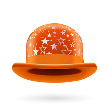 Orange round bowler hat with silver glistening stars.