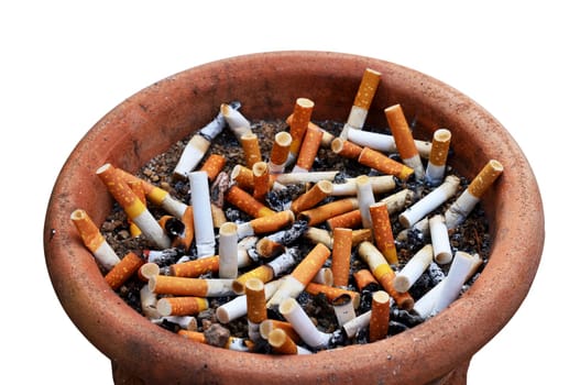 Cigarette addiction in ashtray on white background